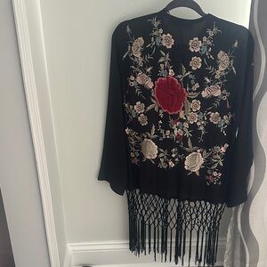 Zara Black Kimono with Floral Embroidery and Fringe